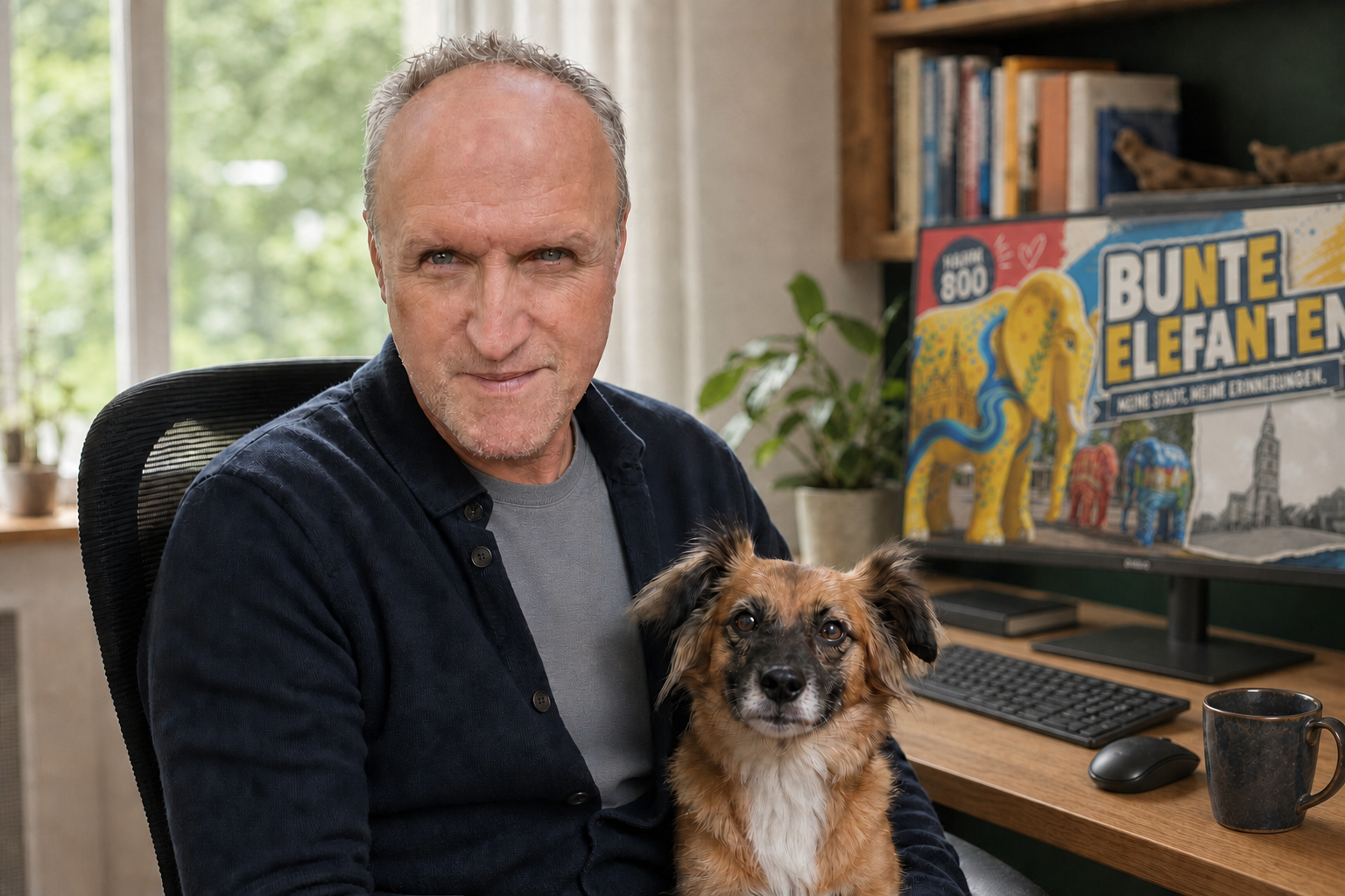 Markus Wolf mit seiner Hündin Wilma am Arbeitsplatz
